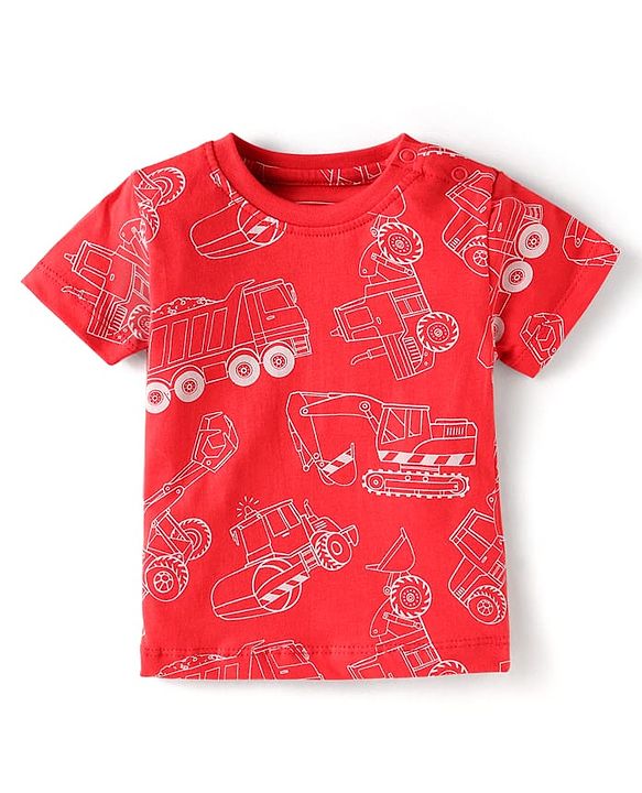 Babyhug Cotton Knit Single Jersey Half Sleeves Night Suit With Construction Vehicle Print - Red