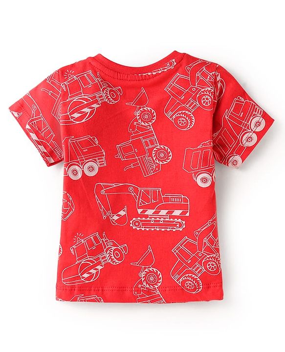 Babyhug Cotton Knit Single Jersey Half Sleeves Night Suit With Construction Vehicle Print - Red