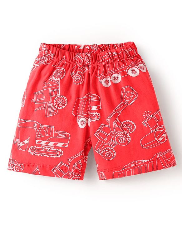 Babyhug Cotton Knit Single Jersey Half Sleeves Night Suit With Construction Vehicle Print - Red
