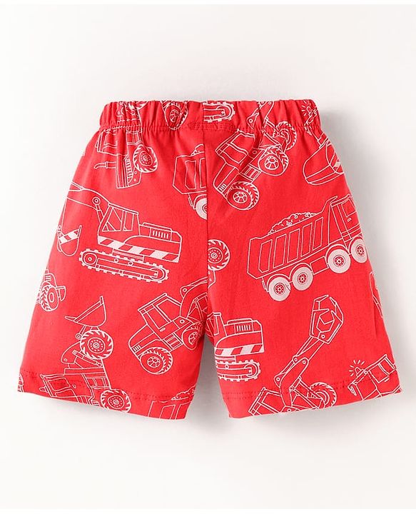 Babyhug Cotton Knit Single Jersey Half Sleeves Night Suit With Construction Vehicle Print - Red