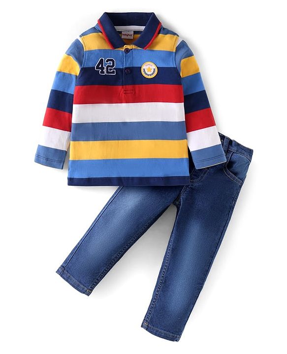 Babyhug Terry Knit Full Sleeves Striped Polo T-Shirt & Solid Denim Jeans Set - Blue