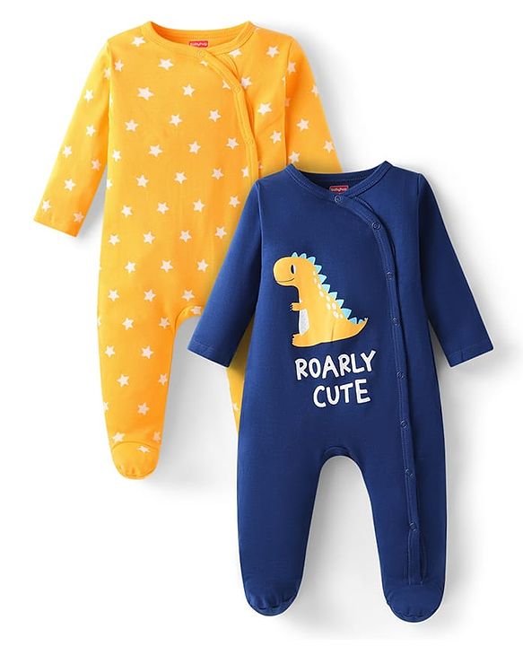 Babyhug Cotton Knit Full Sleeves Sleep Suits With Star & Dino Print Pack of 2 - Navy Blue & Yellow