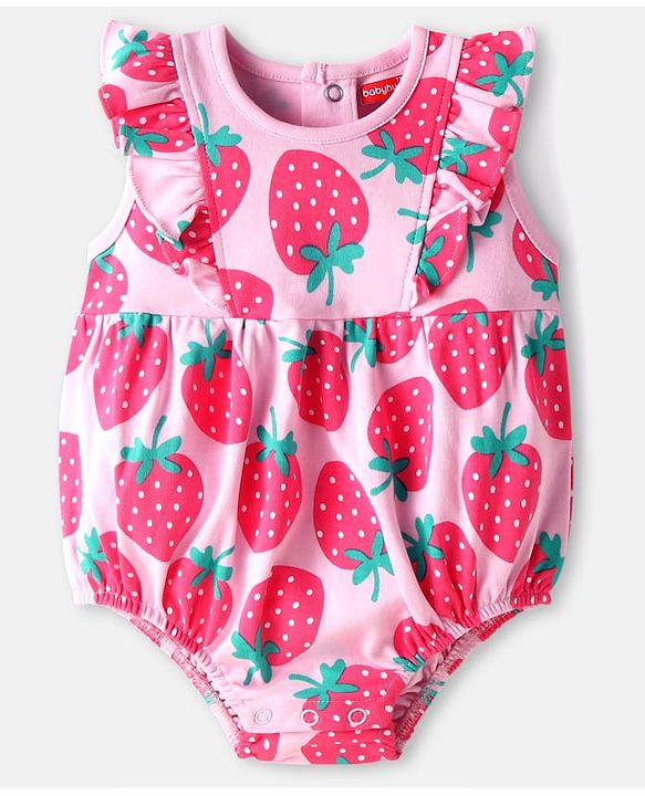 Babyhug 100% Cotton Knit Frill Sleeves Strawberry Printed Onesie - Pink