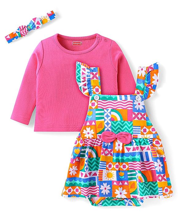 Babyhug 100 % Cotton Knit Full Sleeves Solid Colour T-Shirt & Floral Printed Frock Style Onesie with Headband - Dark Pink