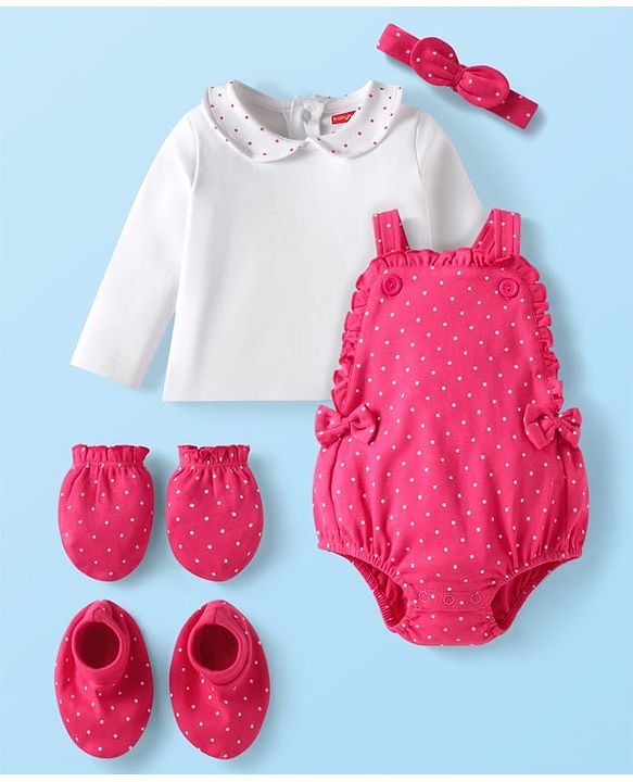 Babyhug Interlock Knit Polka Dot Printed Onesie & Full Sleeves Top With Mittens Booties & Hairband - Dark Pink