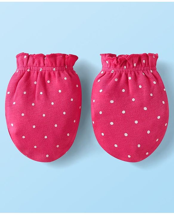 Babyhug Interlock Knit Polka Dot Printed Onesie & Full Sleeves Top With Mittens Booties & Hairband - Dark Pink