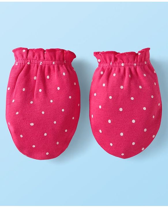 Babyhug Interlock Knit Polka Dot Printed Onesie & Full Sleeves Top With Mittens Booties & Hairband - Dark Pink