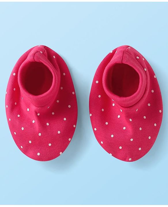 Babyhug Interlock Knit Polka Dot Printed Onesie & Full Sleeves Top With Mittens Booties & Hairband - Dark Pink