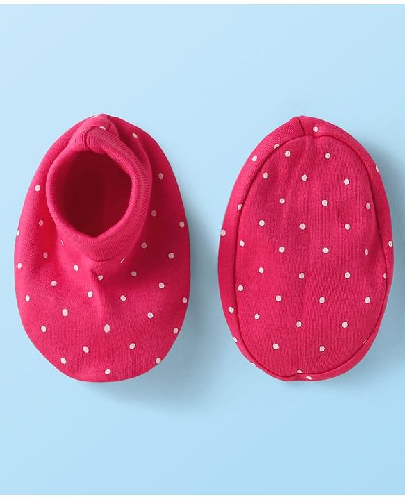Babyhug Interlock Knit Polka Dot Printed Onesie & Full Sleeves Top With Mittens Booties & Hairband - Dark Pink
