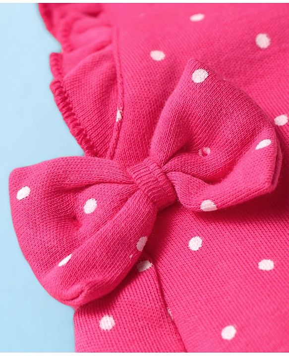 Babyhug Interlock Knit Polka Dot Printed Onesie & Full Sleeves Top With Mittens Booties & Hairband - Dark Pink
