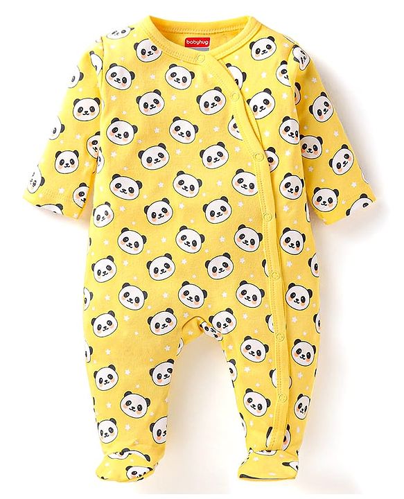 Babyhug Cotton Knit Full Sleeves Front Open Footed Sleep Suit with Panda  Print - Yellow