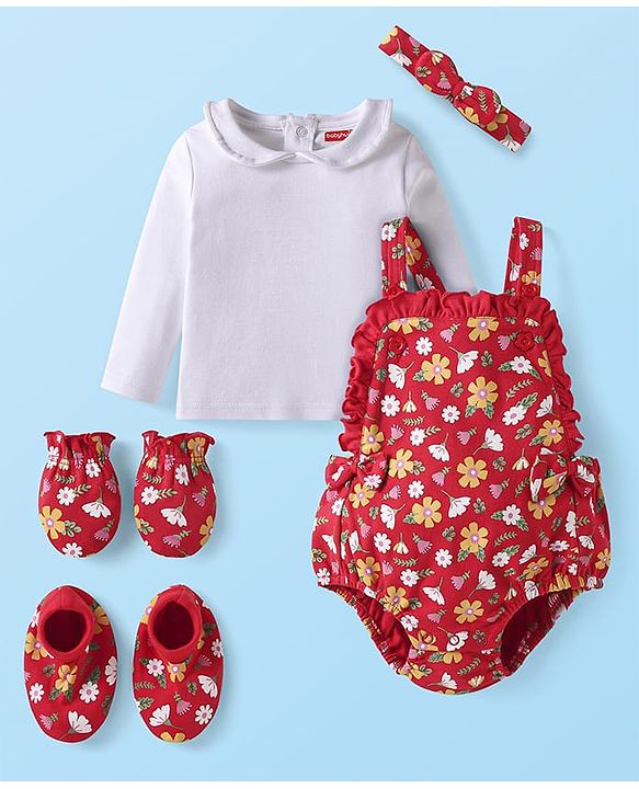 Babyhug Interlock Knit Floral Printed Onesie & Full Sleeves Top With Mittens Booties & Hairband - Red