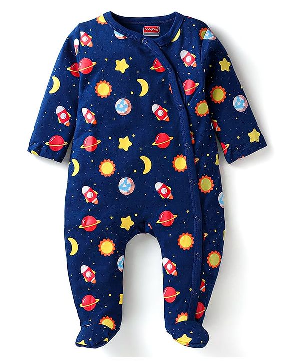 Babyhug Cotton Knit Full Sleeves Front Open Footed Sleep Suit with Space Theme Print - Navy Blue