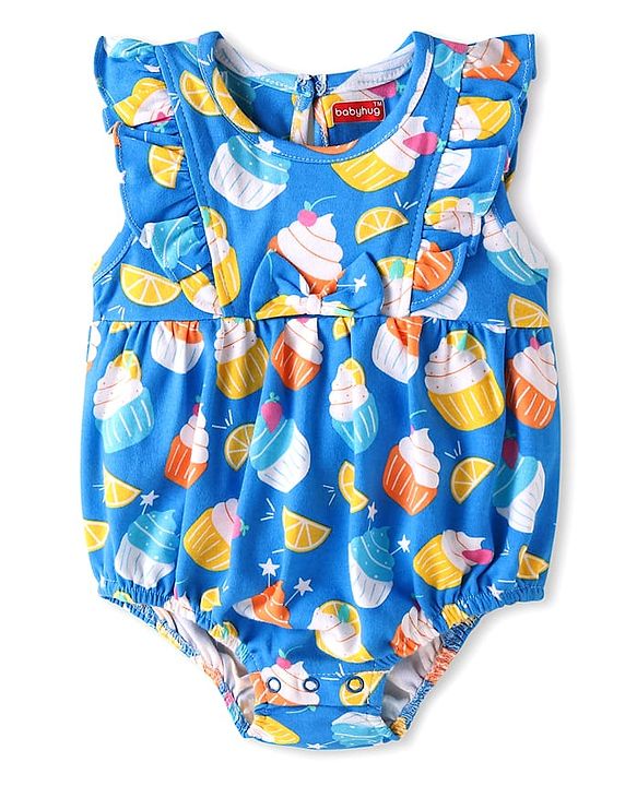 Babyhug 100% Cotton Knit Frill Sleeves Ice Cream  Printed Onesie - Light Blue