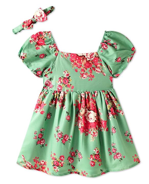 Babyhug Woven Half Puffed Sleeves Floral Printed Frock with Headband - Light Green