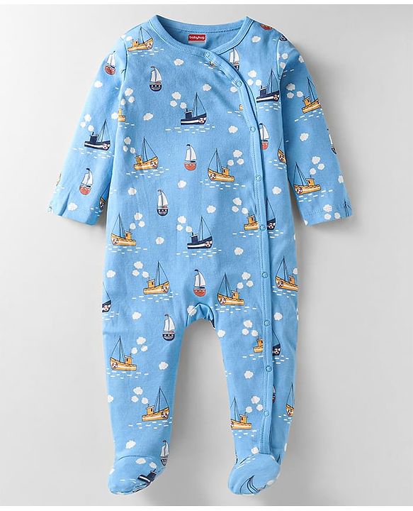 Babyhug Cotton Knit Full Sleeves Boat Printed Front Open Footed Sleep Suit - Light Blue