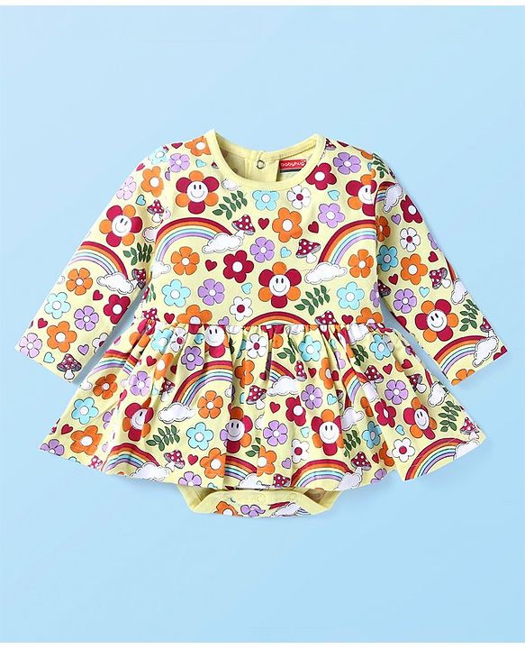 Babyhug 100% Cotton Knit Full Sleeves Floral Printed Frock Style Onesie - Cream