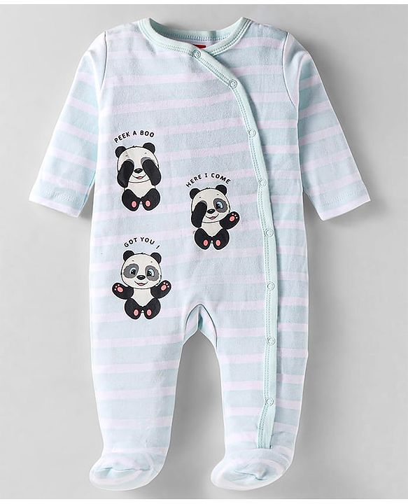 Babyhug Cotton Knit  Full Sleeves Striped Front Open Footed Sleep Suit Panda Print - Light Blue