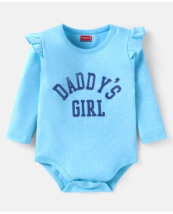 Babyhug 100% Cotton Interlock Knit Full Sleeves Onesies With Frill Detailing Text Print - Light Blue
