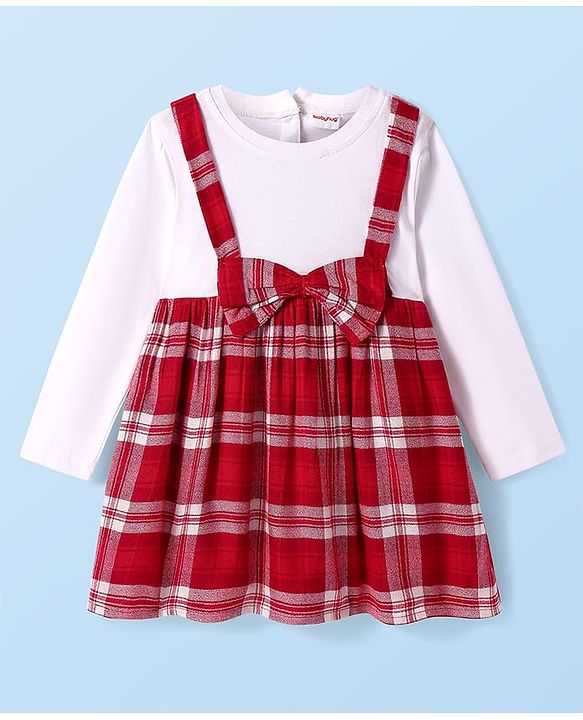 Babyhug Woven Full Sleeves Checkered Frock with Bow Applique - Red