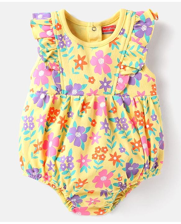 Babyoye 100% Cotton Knit Frill Sleeves Onesie Floral Print - Yellow