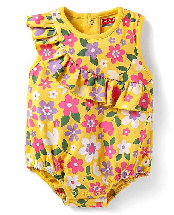 Babyhug Interlock Knit Sleeveless Onesie With Floral Print - Yellow