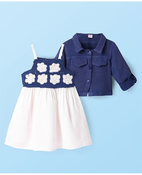 Babyhug Woven Full Sleeves Solid Color Jacket & Frock with Floral Crochet - Navy Blue & White