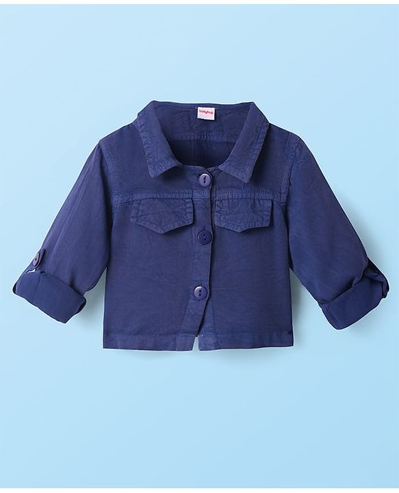Babyhug Woven Full Sleeves Solid Color Jacket & Frock with Floral Crochet - Navy Blue & White