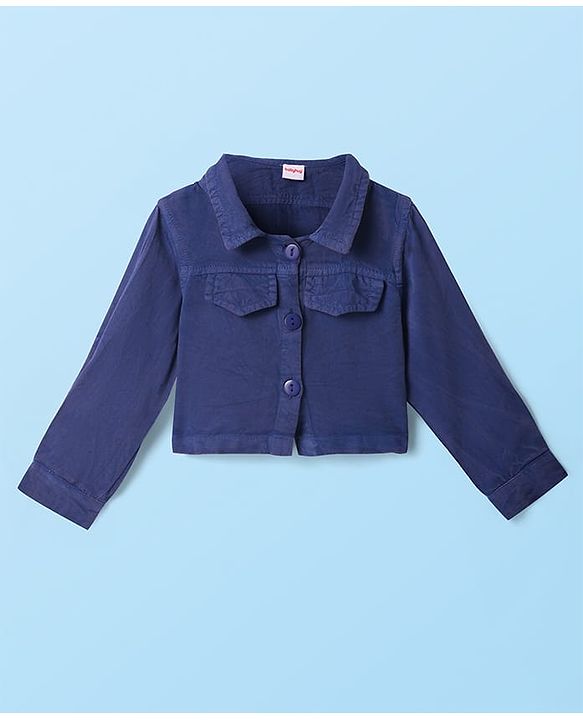Babyhug Woven Full Sleeves Solid Color Jacket & Frock with Floral Crochet - Navy Blue & White