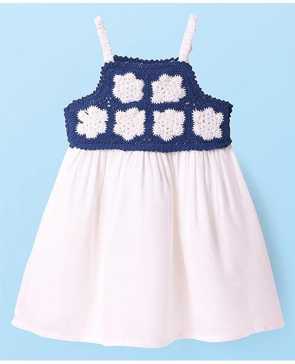 Babyhug Woven Full Sleeves Solid Color Jacket & Frock with Floral Crochet - Navy Blue & White
