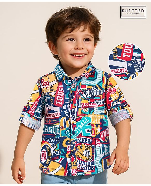 Babyhug Cotton Knit Full Sleeves Varsity Printed Shirt - Navy