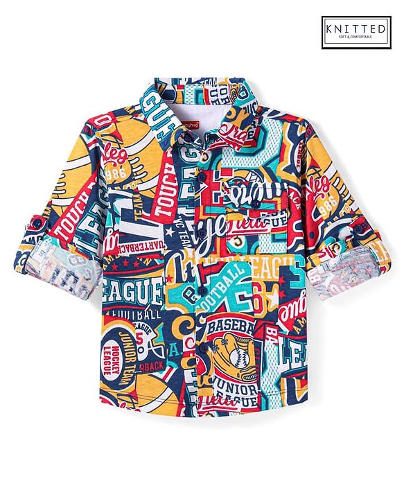 Babyhug Cotton Knit Full Sleeves Varsity Printed Shirt - Navy
