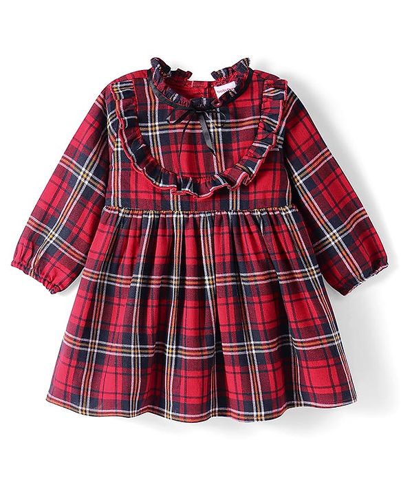 Babyhug Woven Full Peasant Sleeves Checkered Frock with Frill Detailing - Red
