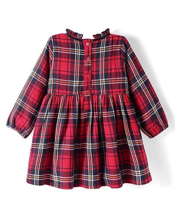 Babyhug Woven Full Peasant Sleeves Checkered Frock with Frill Detailing - Red