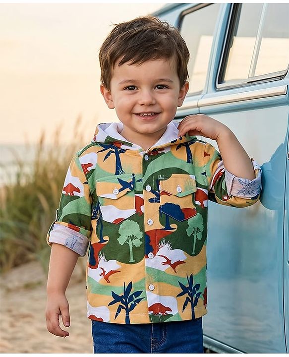 Babyhug Cotton Knit Full Sleeves Hooded Shirt With Dinosaurs Print - Peach & Green