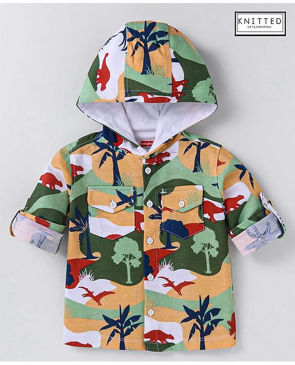 Babyhug Cotton Knit Full Sleeves Hooded Shirt With Dinosaurs Print - Peach & Green