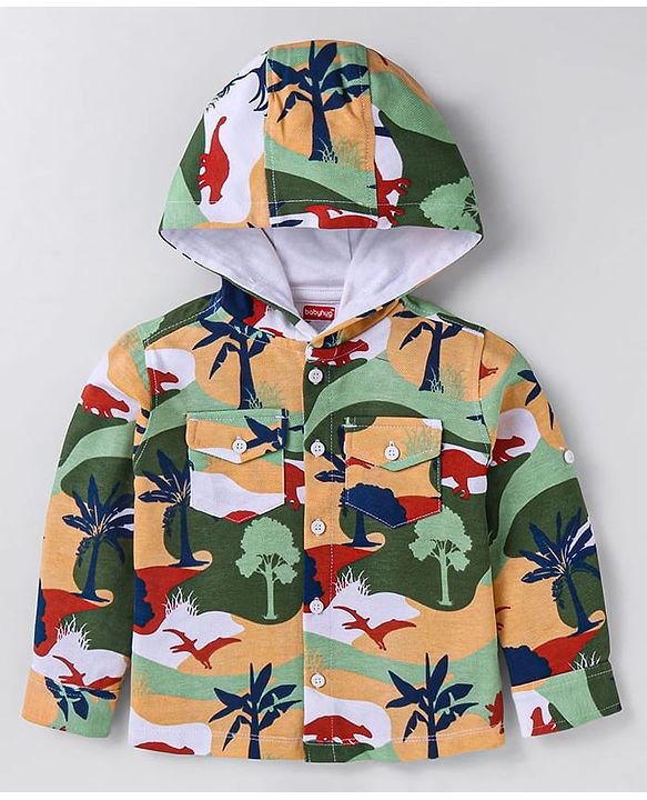 Babyhug Cotton Knit Full Sleeves Hooded Shirt With Dinosaurs Print - Peach & Green