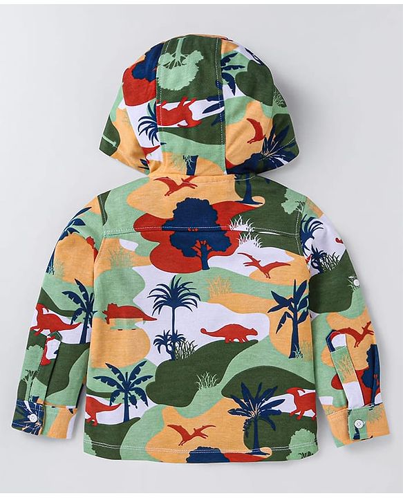 Babyhug Cotton Knit Full Sleeves Hooded Shirt With Dinosaurs Print - Peach & Green