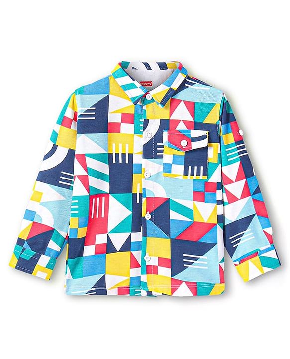 Babyhug Cotton Pique Textured Knit Full Sleeves Shirt With Abstract Print - Blue