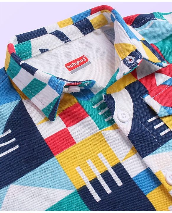 Babyhug Cotton Pique Textured Knit Full Sleeves Shirt With Abstract Print - Blue