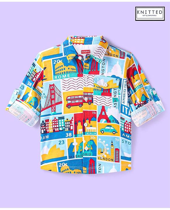 Babyhug Cotton Knit Full Sleeves Shirt With Capital Cities Print - Blue