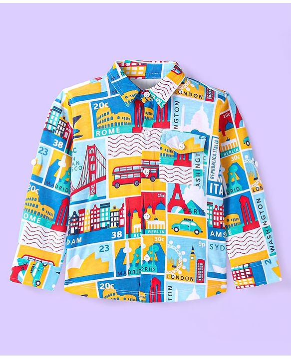 Babyhug Cotton Knit Full Sleeves Shirt With Capital Cities Print - Blue