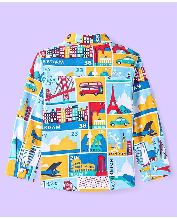 Babyhug Cotton Knit Full Sleeves Shirt With Capital Cities Print - Blue