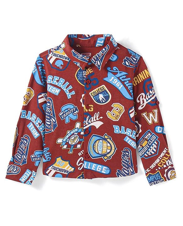 Babyhug Cotton Knit Full Sleeves Shirt With Varsity Print - Wine
