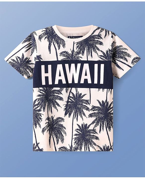 Pine Kids Cotton Knit Half Sleeves T-Shirt & Shorts Set With Hawaii Print - White & Navy Blue