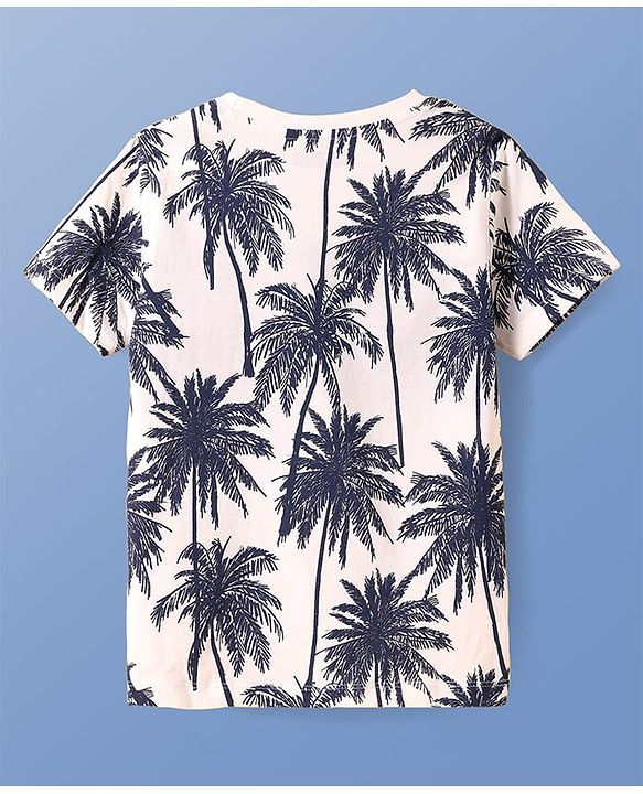 Pine Kids Cotton Knit Half Sleeves T-Shirt & Shorts Set With Hawaii Print - White & Navy Blue