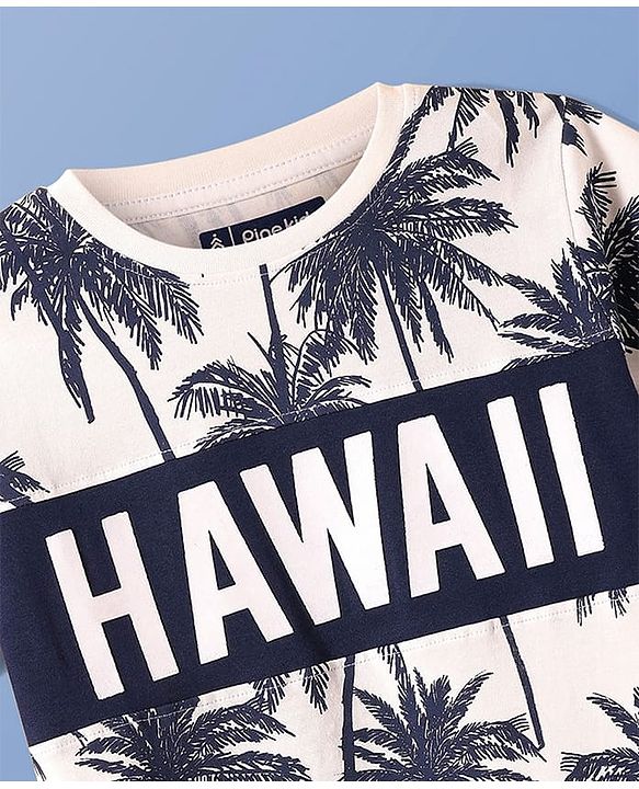 Pine Kids Cotton Knit Half Sleeves T-Shirt & Shorts Set With Hawaii Print - White & Navy Blue