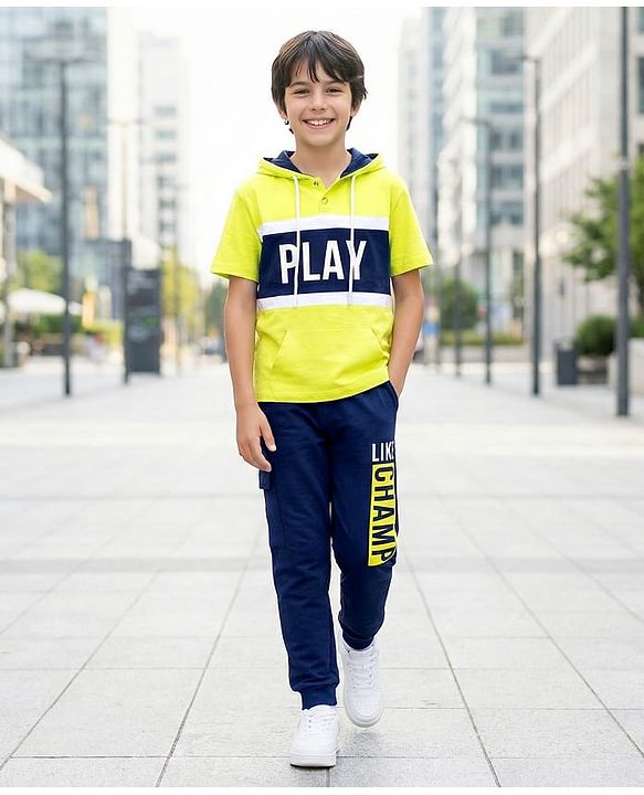 Pine Kids Cotton Knit Half Sleeves Hooded T-Shirt & Lounge Pant with Text Print - Navy Blue & Yellow