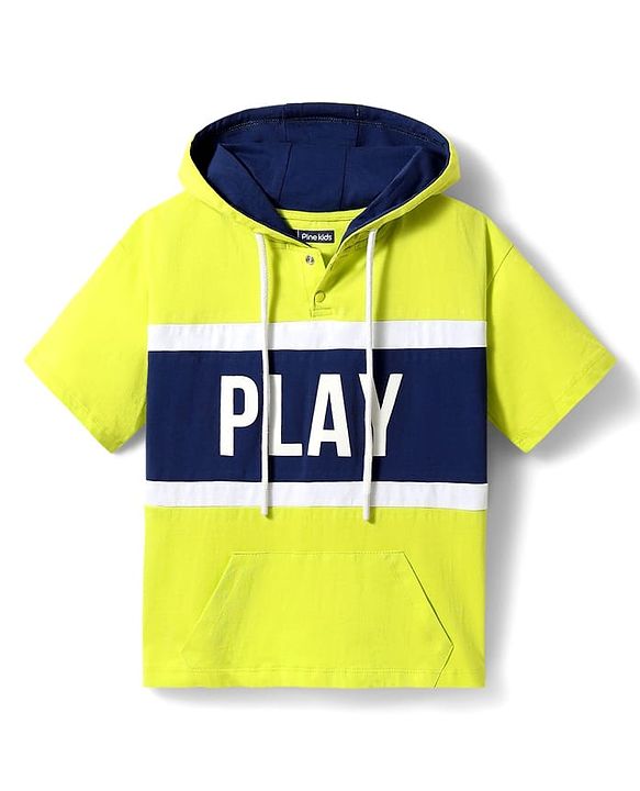 Pine Kids Cotton Knit Half Sleeves Hooded T-Shirt & Lounge Pant with Text Print - Navy Blue & Yellow