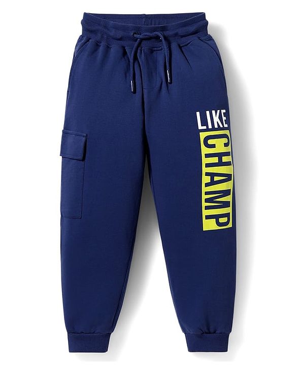 Pine Kids Cotton Knit Half Sleeves Hooded T-Shirt & Lounge Pant with Text Print - Navy Blue & Yellow
